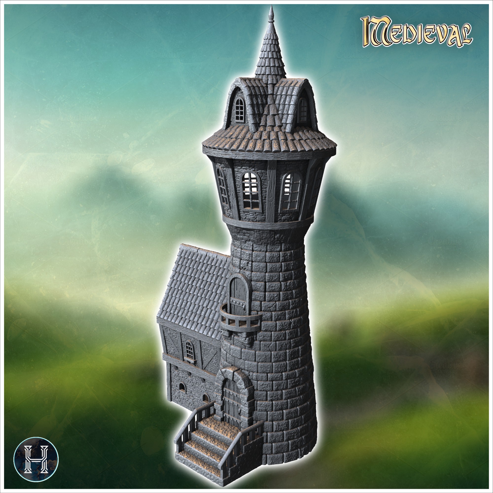 Tall cylindrical tower with conical roof, stone walls, and an arched entryway with stairs (28) - Medieval Gothic Feudal Old Archaic Saga 28mm 15mm RPG
